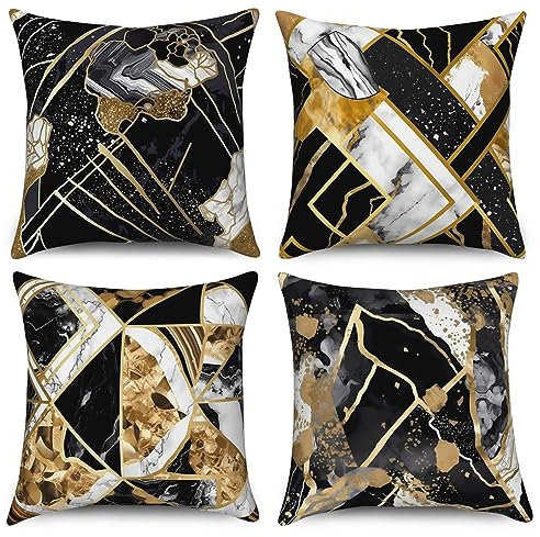 ASDCXZ Marmor Kissenbezug 40x40 cm 4er Set, Modern Schwarz Weiß Gold Marmor Optik Sofa Dekokissen Kissenbezüge Kissenhülle Waschbar Polyester Flachs Textil Polster Kopfkissenbezug Kissen Bezug