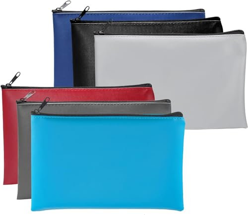 IMPPTE 6 Stück A5 Geldtaschen Banktasche mit Reißverschluss 25x6cm Banktasche aus Kunstleder Geldmappe Kosmetiktasche für Schule Business (Schwarz/Dunkelblau/Dunkelrot/Hellgrau/Dunkelgrau/Seeblau)