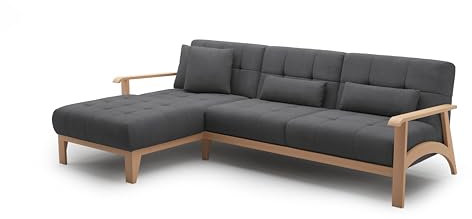 Cavadore Ecksofa Billan / Eckcouch im skandinavischen Design mit Longchair und massivem Holzgestell in Buche / 264 x 88 x 183 / Mehrfarbiger Strukturstoff, Dunkelgrau