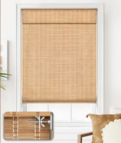 LazBlinds No Tools No Drill Cordless Bamboo Roman Shades, Light Filtering Window Treatment, Roll Up Bamboo Blinds for Window 22'' W x 64'' H, Brown