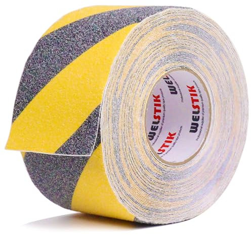 WELSTIK Nastro adesivo antiscivolo, 100 mm x 20 m, antiscivolo, per gradini antiscivolo in interni ed esterni, colore: nero/giallo