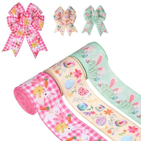 3 Rollen Osterbänder, 6,4cmx9m Osterei Hase Karottenkaninchen Band Frohe Ostern Frühling Bunt Dekoratives Band für Geschenkverpackung Kranzschleife Herstellung Heimwerken Basteln Zubehör