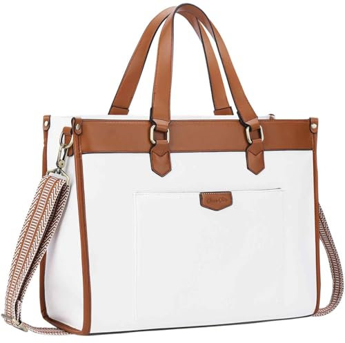 Chase Chic Canvas Laptop Handtasche,Shopper Damen Groß 15,6 zoll Schultertaschen Laptoptasche Tote bag für Büro Schule Reisen,Weiß mit Braun