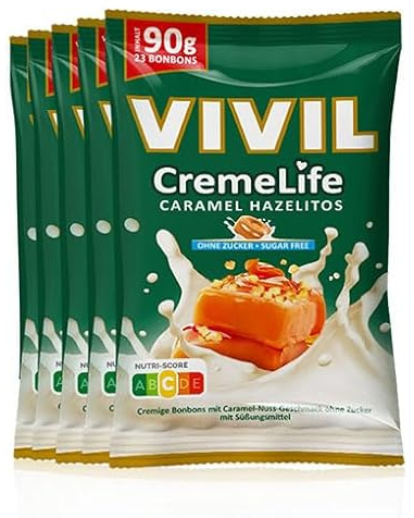 VIVIL Creme Life Caramel Hazelitos, zuckerfreie Sahnebonbons, 5 x 90 g | Cremiger Genuss mit echter Schlagsahne, Vorratspackung für Zuhause und Büro, Hergestellt in eigener Produktion in Deutschland