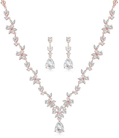 CERSLIMO Bridal Jewelry Set for Women Lady - Cluster Leaf Necklace with AAAAA Cubic Zirconia, Teardrop Earrings Dainty Jewellery Sets for Wedding Engagement Events Party Bridal Bridesmaid, Rose Gold