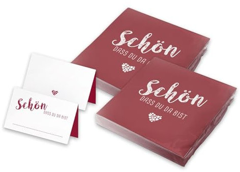 itenga Tischdeko Set - Servietten Schön dass du da bist 30 x 30cm 3-lagig 40 Stück und 48 passende Tischkarten für Kommunion Konfirmation Hochzeit Taufe und andere Feiern (bordeaux rot)
