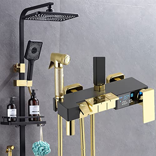 Aufputz-Duscharmatur-Set mit Klaviertasten, 4-Funktionen-Duschsystem mit Temperaturanzeige, Duschkopf, Handbrause, Wannenauslauf, Bidetbrause, Badewannen-Duscharmatur, Schwarzgold