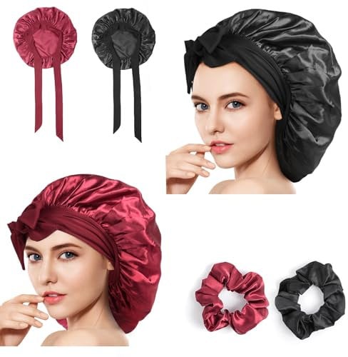 Romon Cuffia Seta Capelli Ricci, 2 Pezzi Cuffia Doccia Berretto da Notte Raso Elastico, Cuffia Capelli Ricci Notte con 2 Elastici per Protezione dei Capelli Ricci Lunghi e Corti (Nero, Rosso Vino)