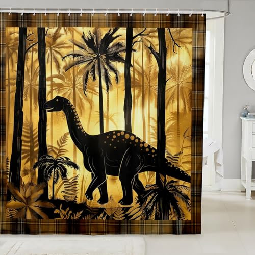 Homewish Dinosaur Shower Curtain Set Palm Leaves Dino Bathroom Accessories 72 Wx78 L,Vintage Jungle Animal Bath Curtain Black Dinosaurios Waterproof Wall Art Bathroom Decor