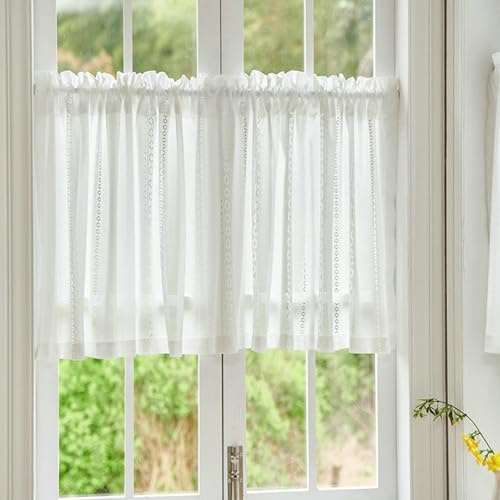 Whoiy Vorhang Küche Kurz Spitze 1 Stück, Scheibengardine Stickerei Modern Lichtdurchlässig Stores Gardinen Einfarbig Fenster Vorhänge Weiß Rod Tasche Wohnzimmer Landhaus 120x100cm