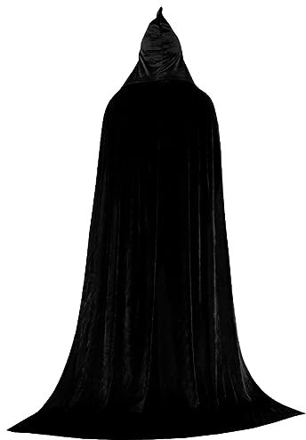 Schwarzes Umhang mit Kapuze 51,2 Zoll volle Länge Unisex Gold-Velvet Hexen Umhang Mysteriöser Terror Vampire Wizard Robe für Männer Frauen Cosplay Weihnachten Halloween Kostüm M.