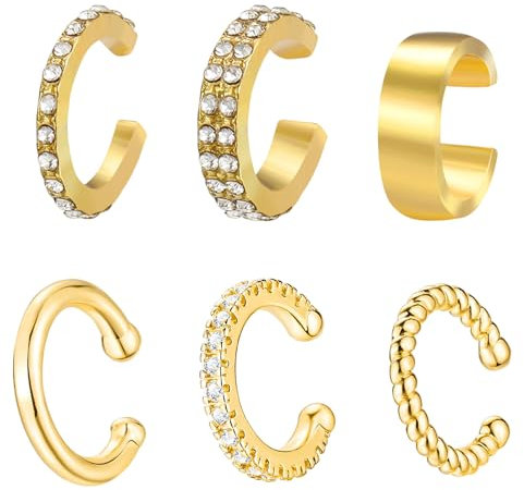 6 PCS Ear Cuff Gold, Ear Cuff No Piercing, Ear Cuff Earrings for Women, Fake Earrings, Adjustable Clip on Earrings for Birthday, Christmas, Cartilage Helix Wrap Earring Set for Women Girls