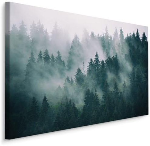Muralo Wandbilder Nebliger Wald, Aufhängefertig, UV-beständig - 120x80 cm | Leinwandbild, Modernes Design - ideal für Wohnzimmer, Schlafzimmer und Büro, Eine ruhige Waldoase