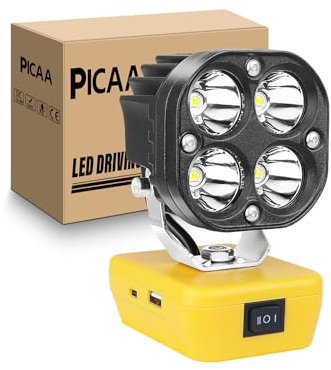 PICAA Lampe de Travail LED Sans Fil 40W 4000LM pour Dewalt 18/20 V, Projecteur LED Portable Avec Batterie de Type C et Charge USB pour Travaux, Chantier, Garage, Camping (pas de Batterie)