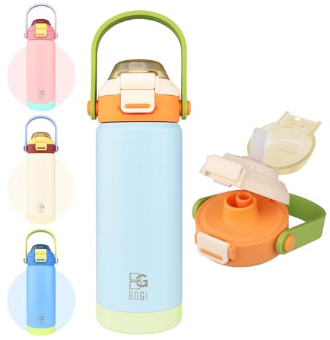BOGI Metal Water Bottle with Straw,720ml Stainless Steel Water Bottle for Sports Travel Gym Leak Proof Insulated Water Bottle with 2-in-1 Duo Lid for Boys Girls Keep Drinks 12h Hot & 24h Cold | Orange