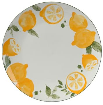 Decoris Assiette en porcelaine de 26 cm avec motif citron - Assiette plate - Assiette de service - Vaisselle d'été - Blanc et jaune
