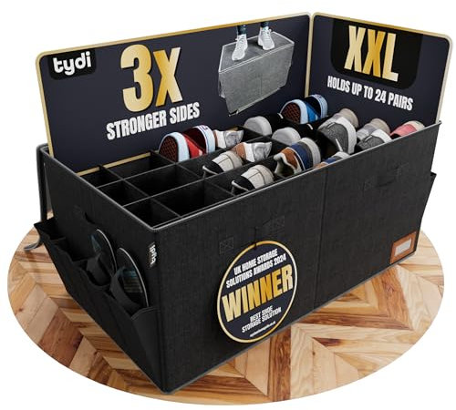 Tydi Shoe Storage Box - Ultra-Stiff XXL Organiser with 24 Compartments, Zippable Clear Cover, Side Pockets & Handles - Space-Saving Shoe Box for Easy Organisation - Black