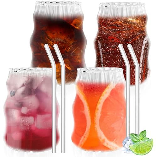 4 Stück Latte Macchiato Gläser, 530ml Cappuccino Kaffeegläser Set Gerippt Trinkgläser mit 4 Strohhalm, Cappuccino Tassen Kaffeeglas Teegläser Kaffeetassen Eiskaffee Glas Kaffeebecher für Getränke