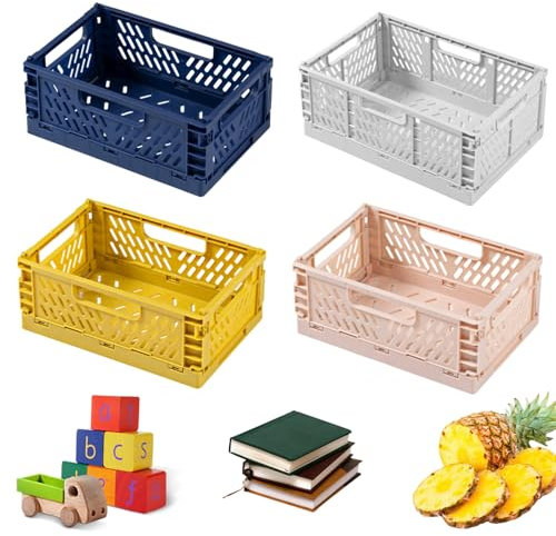 Ksvaye 4 Stücke Klein Klappboxen Faltbar Stabil Plastikkorb Aufbewahrungskiste, Einkaufskiste Klappbar Aufbewahrungsbox Kunststoff Faltkiste für Küche, Bad, Büro, Schlafzimmer, Klassenzimmer, Schrank