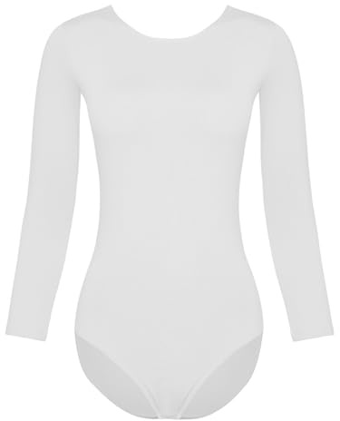 TiaoBug Ballett Trikot Damen Ballettanzug langarm Baumwolle Ballet Body elastischer Tops Gymnastikanzug Weiß Rundhals S