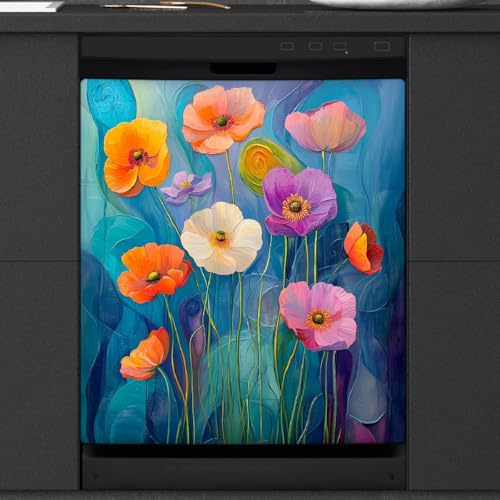 Mexpekil Geschirrspüler-Magnetabdeckung, Motiv: bunte Blumen, 53,3 x 66 cm, dekorativer Geschirrspüler-Aufkleber für Haustür, wasserdicht, Küchengeräte