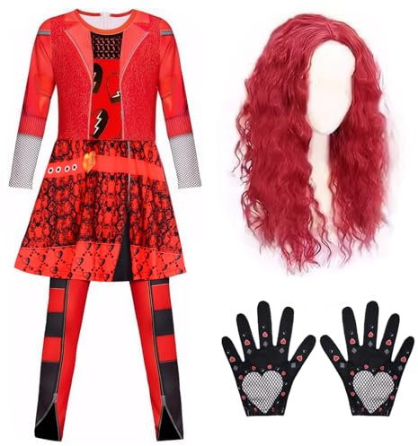 Rise Of Red Costume for Girls, Red Hero Costume Set with Long Sleeve Jumpsuit, Wig and Gloves, Kids Halloween Fancy Dress Up for Girls 5–10 Years, School Play and Role Play Outfit