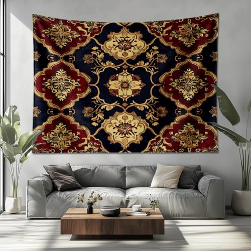 Wandteppich Psychedelic Dunkelrotes Traditionelles Persisches Muster Weich Vlies Wandbehang Wanddeko für Wohnzimmer Schlafzimmer Marine Picknickdecke Tapisserie Wandkunst Dekore (150x100cm)