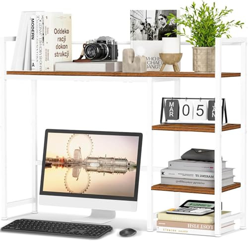 DoToGo Desk Shelf Organizer, Desk Hutch for Computer Monitor, 4 Tier Desktop Display Rack, Wood Desktop Bookshelf Storage Rack for Home Office Dorm (White Brown, large)