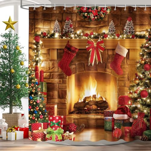 Dazzlewall Merry Christmas Shower Curtain 180 x 180 cm, Warm Fireplace Christmas Stocking Xmas Tree Bathroom Curtain, Waterproof Mildew and Mould Resistant Fabric with 12 Hooks