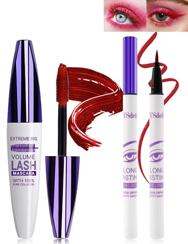 Juego de delineador líquido 5D de fibra de seda roja y rojo líquido, resistente al agua y a las manchas, larga duración, rizador de pestañas, rimel para fiestas, maquillaje de ojos multicolor