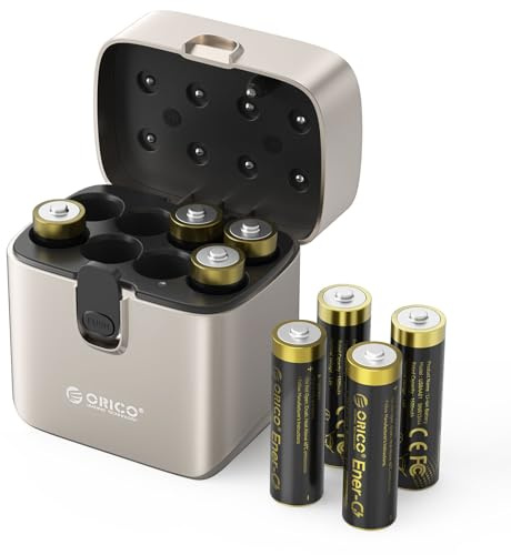 ORICO Kit de 8 Pilas Recargables AA de Litio 1.5V con Cargador Inteligente | Carga rápida 3H; Función de reactivación; 1500 ciclos; Potencia estable para mandos Xbox, juguetes y periféricos PC