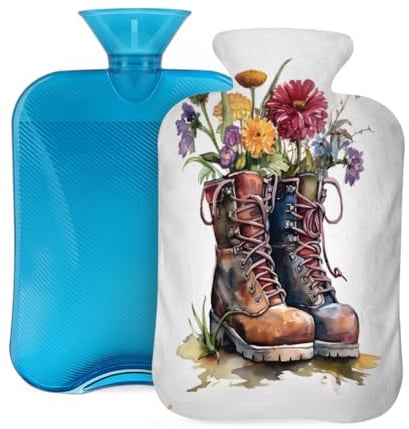 Hot Water Bottle with Soft Cover, Watercolor Retro Cowboy Boots with Flowers 2 Liter Hot Water Bag for Pain Relief, Hand Feet Warmer