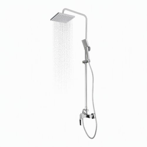 Fyssnn Regendusche Duscharmatur Komplettset, Duschsystem mit Einhebelmischer & 2 Strahlarten, 70-110cm Höhenverstellbare Brausestange mit 20cm Quadratischem Duschkopf (Silber)