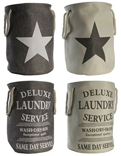 fashion and joy Deluxe Wäschesack MARITIM Laundry Star in Natur beige - Wäschekorb faltbar - 60 Liter Fassung - Leinenoptik mit Kordelgirffen - Vintage Stern - Wäschesammler Typ344