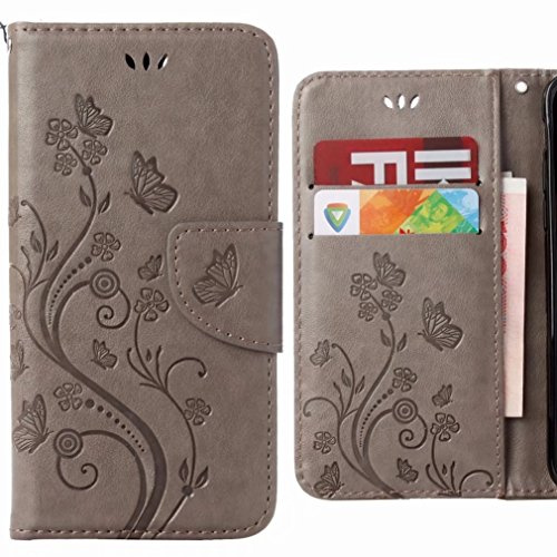 Ougger Cover per LG Q6 Custodia, Portafoglio PU Pelle Magnetico Morbido Silicone Flip Cover Protettivo Gomma Custodie per LG Q6 / M700 con Il Titolare della Carta, Striscia di Fiore (Grigio)