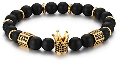 Cupimatch Weymouthskiefer Stein Armband Damen Herren Krone mit Zirkonia Matt Gummizug Unisex Perlen Armreif, Schwarz