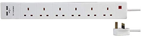 Ex-Pro 6 Gang Way 1m 13A Mains Power 2 x USB Charge Ports 2.4A 5v Extension Socket Cable - White