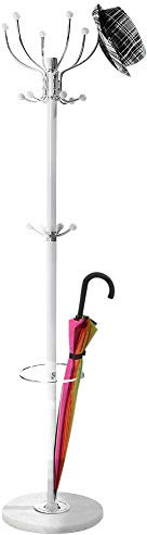 BAKAJI Porte-manteau design à pied en métal avec 16 crochets crochets porte-parapluies et base en marbre, dimensions 37 x 37 x 175 cm (blanc)