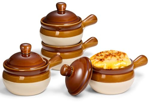 KooK French Onion Soup Crocks with Lids, Ceramic Bowls, Large Handles, Dishwasher, Microwave, Oven & Broil Safe, Brown/White, Set of 4, 15 oz, Puebla Collection