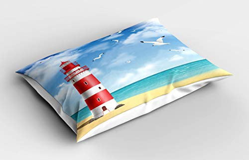 ABAKUHAUS Strand Kissenbezug, Leuchtturm Möwen Ozean, Dekorativer Standard King Size Gedruckter Kissenbezug, 80 x 40 cm, Blau