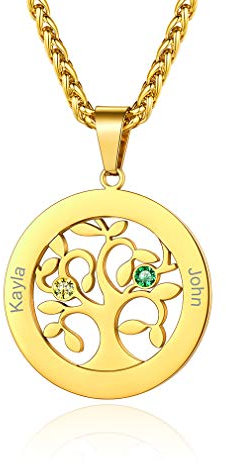 Custom4U Collier Personnalisé 2 Prénoms,Pendentif Arbre de Vie Plaqué Or en Acier Inoxydable Gravé Pierres de Naissance,Bijoux de Famille,Chaine 55+5 cm,Cadeau Anniversaire Femme Maman,Grand Mère