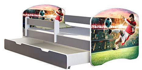 ACMA Kinderbett Jugendbett mit Einer Schublade und Matratze Grau mit Rausfallschutz Lattenrost II (37 Fußballer 2, 180x80 + Bettkasten)