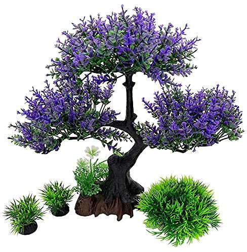 Aquarium Plants Fish Tank Decorations MediumSize/9.4inch Plastic Artificial Plant Goldfish Waterscape Fish Hides Tree Set (Purple Set)