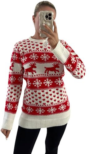 Knitted Christmas Jumpers for Women Ladies Plus Size Reindeer Round Neck Long Sleeve Xmas Snowflake Casual Winter Sweater Chunky Jumper Top UK 8-22 (Cream, 20)