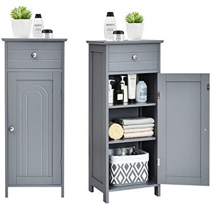 GIANTEX Armadietto Bagno da Terra, Mobiletto a 3 Ripiani con Anta, Cassetto, Manico, Spazio Interno Flessibile, Compatto e Salvaspazio, 35,5x30,5x88 cm, Bianco/Marrone/Grigio/Nero