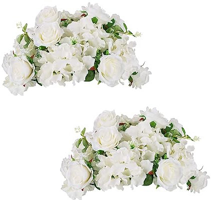 Inweder Künstliche Blume Kugeln für Tafelaufsätze - 2Stück Künstliche Blumenkugeln Weiße Künstliche Blumen Seide Rose und Hortensie mit Kunststoffsockel für Hochzeit Tischdekoration Dekoration