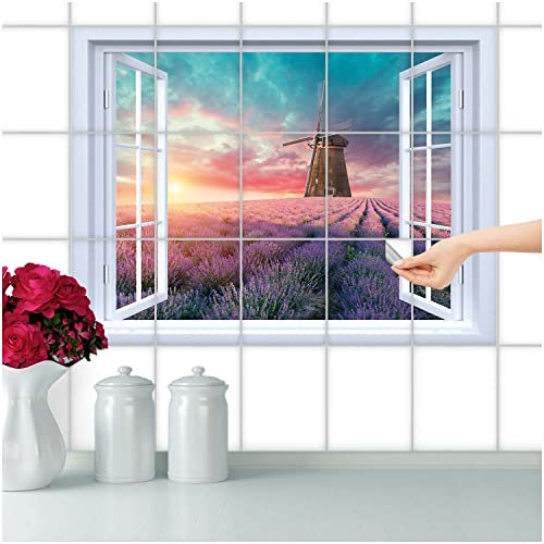 FoLIESEN Fliesenaufkleber - Deko-Bild für Bad, Küche, Badezimmer - Dekoration Fliesen-Bild selbstklebend - Lavendel in der Provence, Fliese - Bild (BxH):10x10 cm - 90x60 cm / 54-tlg.