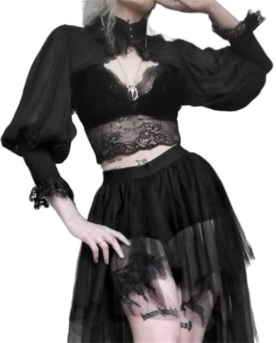 Damen Gothic Tops Punk Cover Ups Mesh Crop Top Durchsichtig Sexy Langarm Bluse Y2k Schwarz Rave Outfit Festival, Goth Outfits für Frauen Viktorianische Bluse, Large