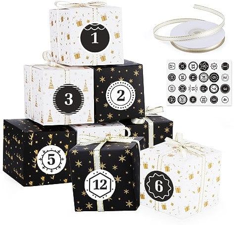 Homewit 24 Adventskalender zum Befüllen, Adventskalender Boxen Weihnachtskalender zum befüllen Basteln Schachteln Geschenkbox Schachteln DIY Adventskalender mit Zahlenaufkleber 1-24 Schwarz+Weiß