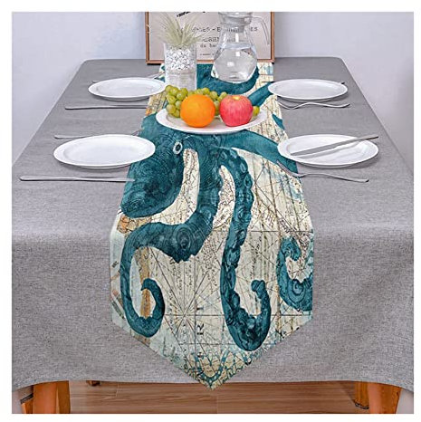 Lieson Tischläufer Dekostoff, Abwaschbar Tischläufer Leinen Baumwolle Weihnachts Tischläufer Party Deko Krake Muster Blau 33x229CM